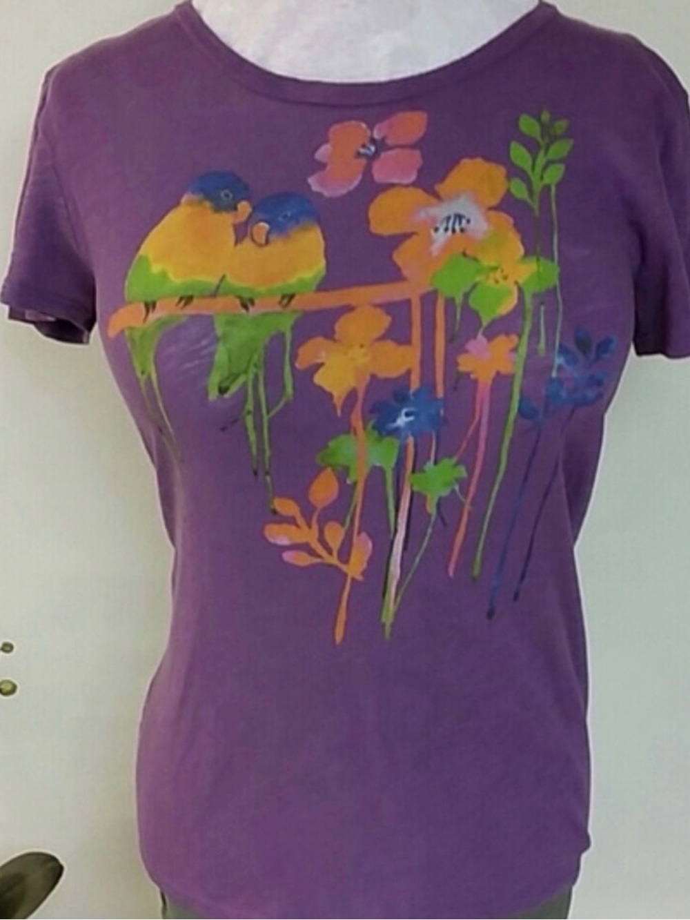 Old Navy Purple Tee with Colorful Floral & Bird Print - Picture 5 of 5
